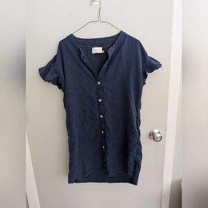 Sancia Anthropologie Med Linen Blend  Tortoiseshell Button Navy Top Classic Lux